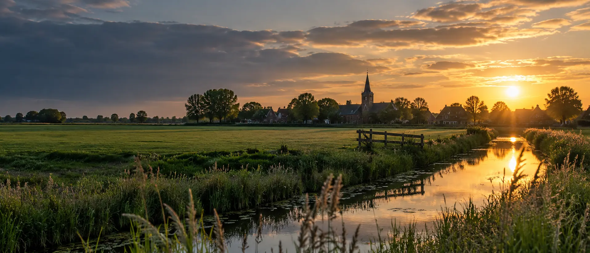 Fries dorpslandschap met weilanden, water en een kerktoren bij avondlicht